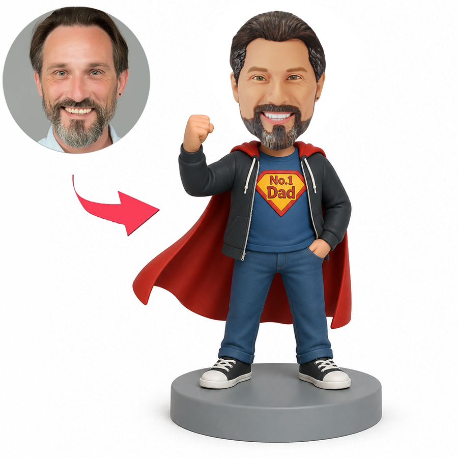 Male No.1 Dad in Green Hoodie Raising Fist Custom Bobbleheads