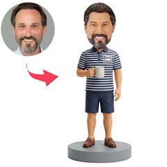 Male Dad in Striped Polo Holding Coffee Mug Custom Bobbleheads