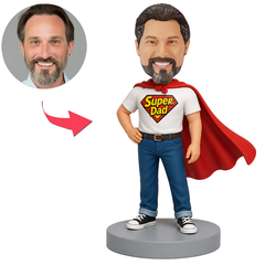 Male Casual Super Dad in White T Shirt with Red Cape Custom Bobbleheads