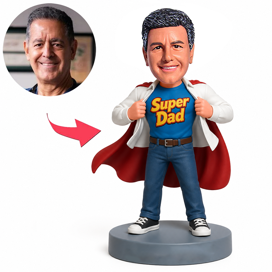 Male Super Dad Revealing Shirt with Red Cape Custom Bobbleheads