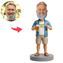 Male Dad in Blue Hawaiian Shirt Holding Beer Mug Custom Bobbleheads