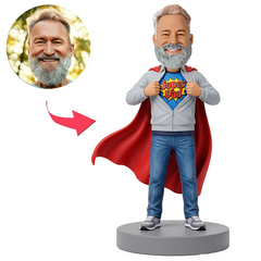 Male Super Dad Revealing Blue Hero Shirt with Cape Custom Bobbleheads