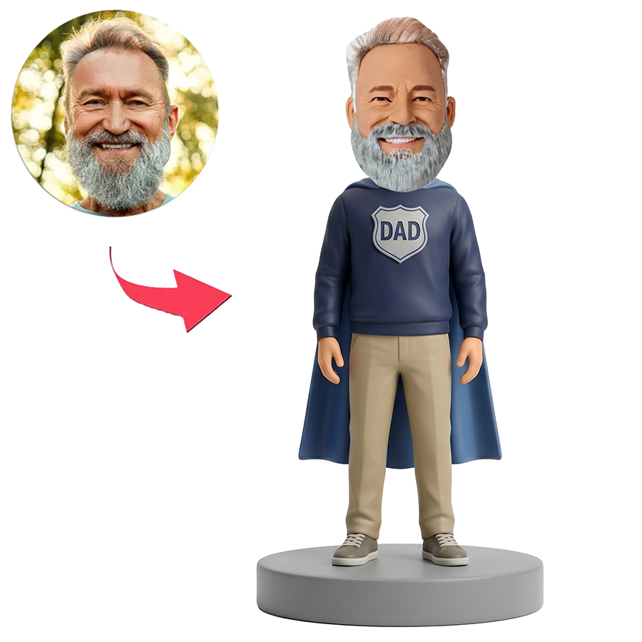 Male Dad in Navy Hoodie with Blue Cape Custom Bobbleheads