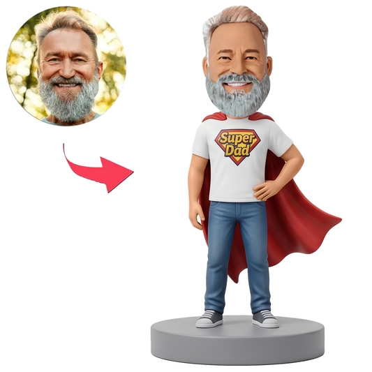 Male Super Dad in White T Shirt and Red Cape Custom Bobbleheads