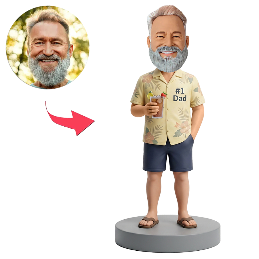 Male Dad in Beige Hawaiian Shirt Holding Cocktail Custom Bobbleheads