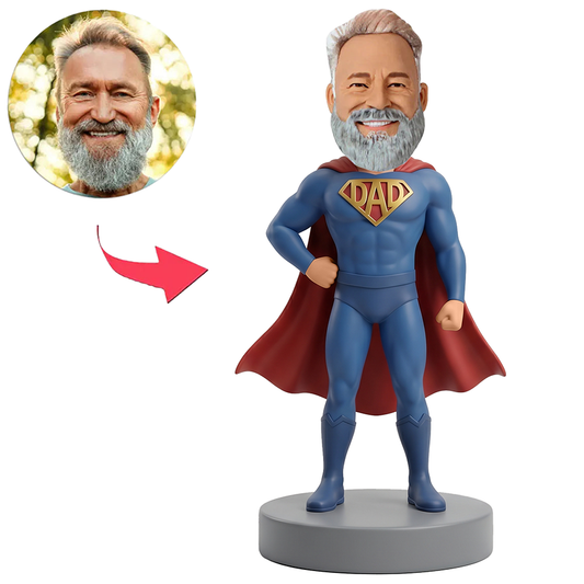 Male Muscular Dad Superhero in Blue Suit Custom Bobbleheads
