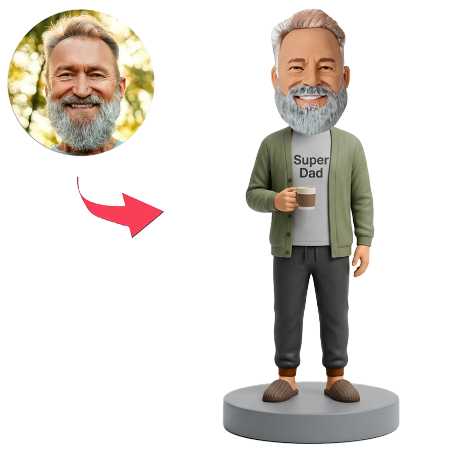 Male Super Dad in Cardigan Holding Coffee Mug Custom Bobbleheads