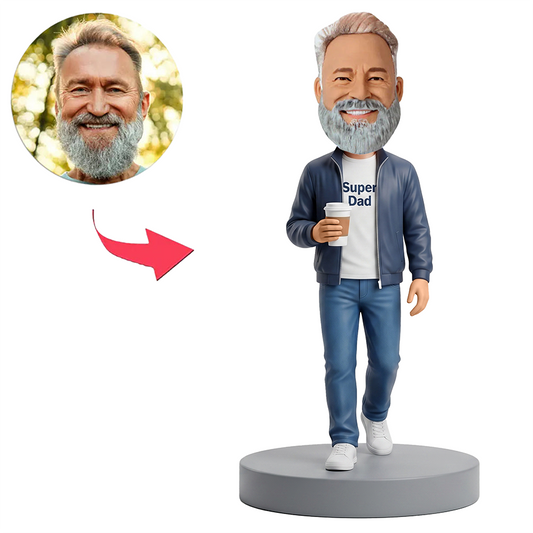 Male Super Dad in Jacket Holding Coffee Cup Custom Bobbleheads