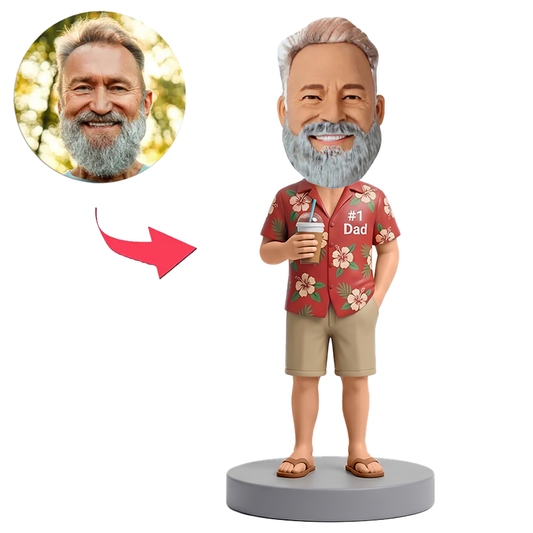 Male Dad in Red Floral Shirt Holding Drink Custom Bobbleheads