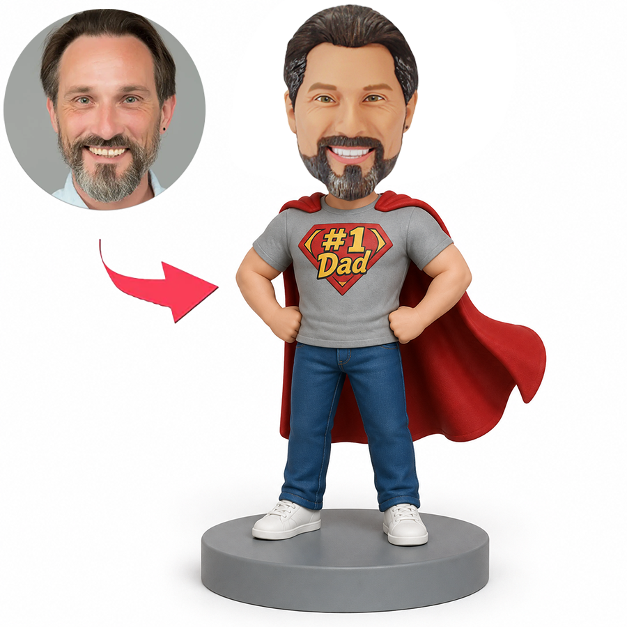 Male Super Dad in Grey T Shirt with Red Cape Custom Bobbleheads
