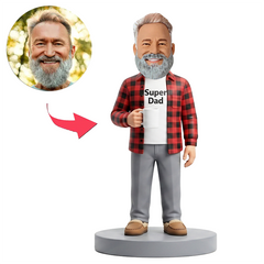 Male Dad in Plaid Shirt Holding Coffee Mug Custom Bobbleheads