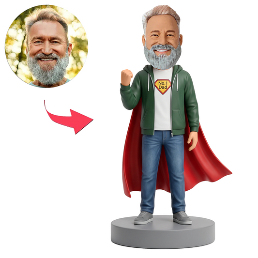 Male No.1 Dad in Green Hoodie with Raised Fist Custom Bobbleheads