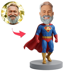 Male Super Dad Hero in Blue and Red Suit Custom Bobbleheads
