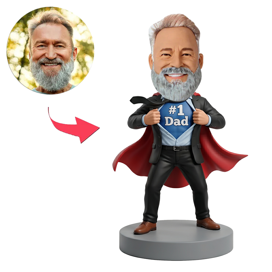Male Business Dad Revealing No.1 Dad Shirt with Cape Custom Bobbleheads