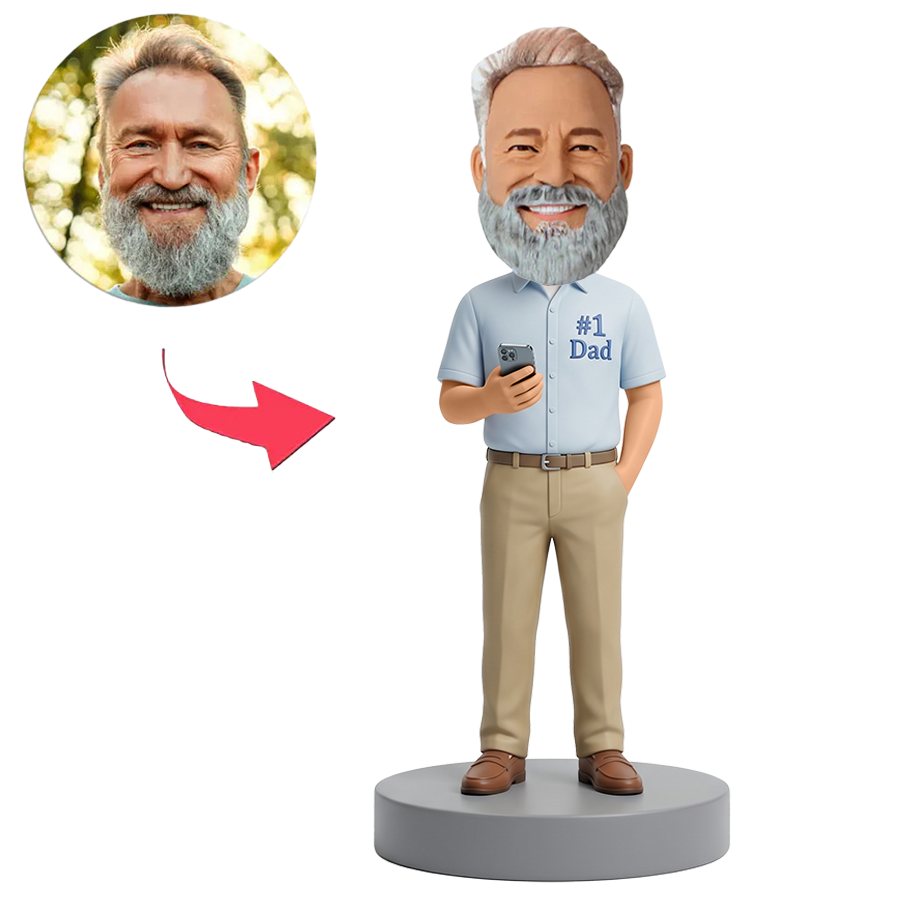 Male Dad Holding Phone in Light Blue Polo Custom Bobbleheads