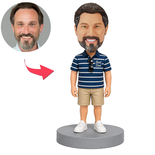 Male Best Dad in Striped Polo and Khaki Shorts Custom Bobbleheads