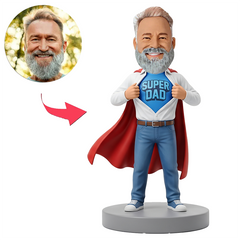 Male Super Dad Revealing Comic Shirt with Red Cape Custom Bobbleheads