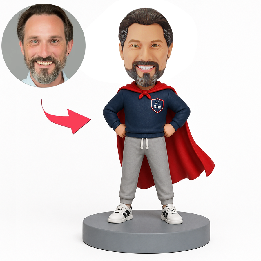 Male Dad in Navy Hoodie and Red Cape Custom Bobbleheads