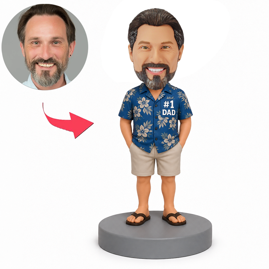 Male Dad in Blue Floral Shirt and Flip Flops Custom Bobbleheads