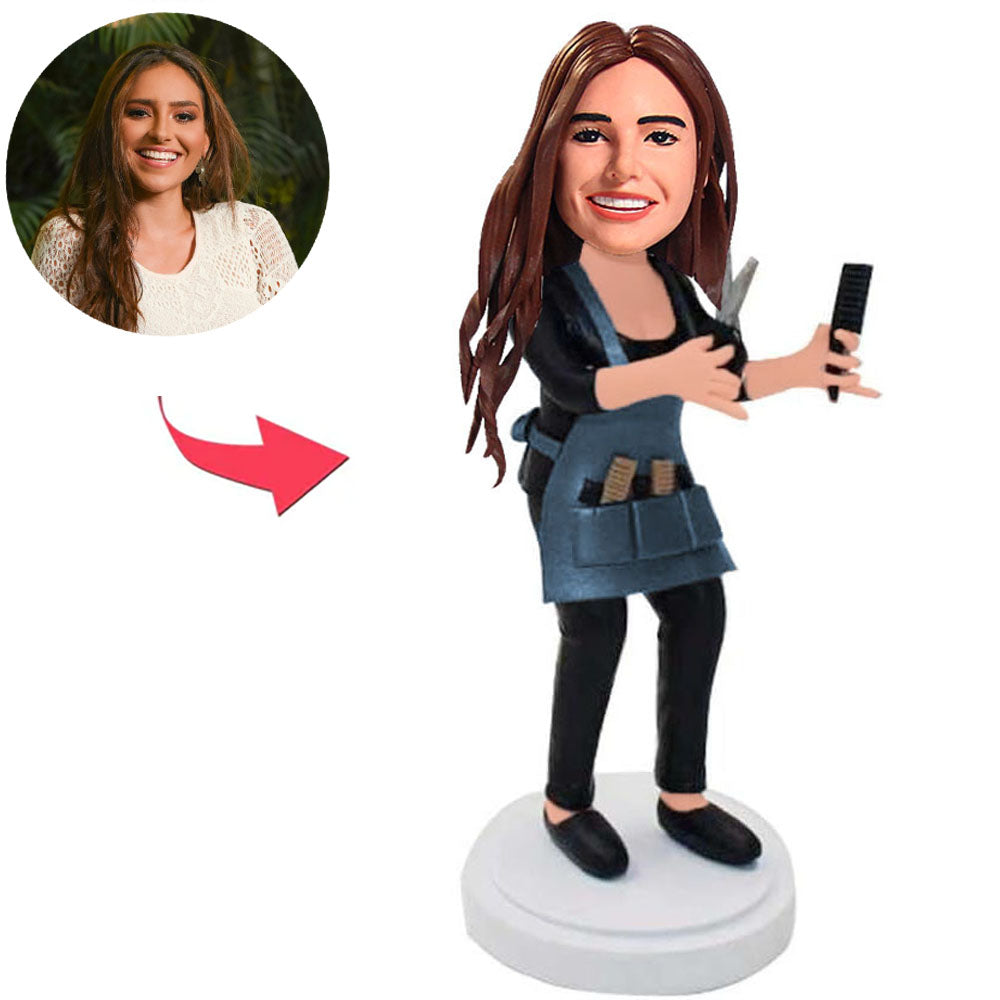 Female Barber Holding Scissors And Comb Custom Bobbleheads
