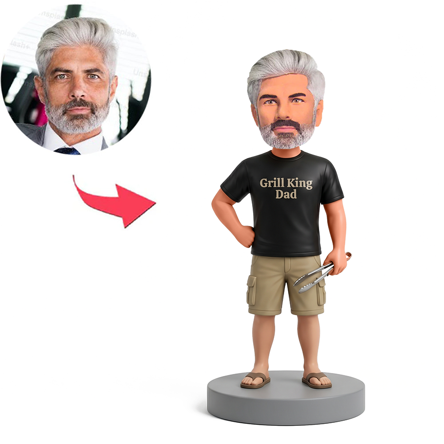 Grill King Dad Holding BBQ Tongs Male Custom Bobbleheads