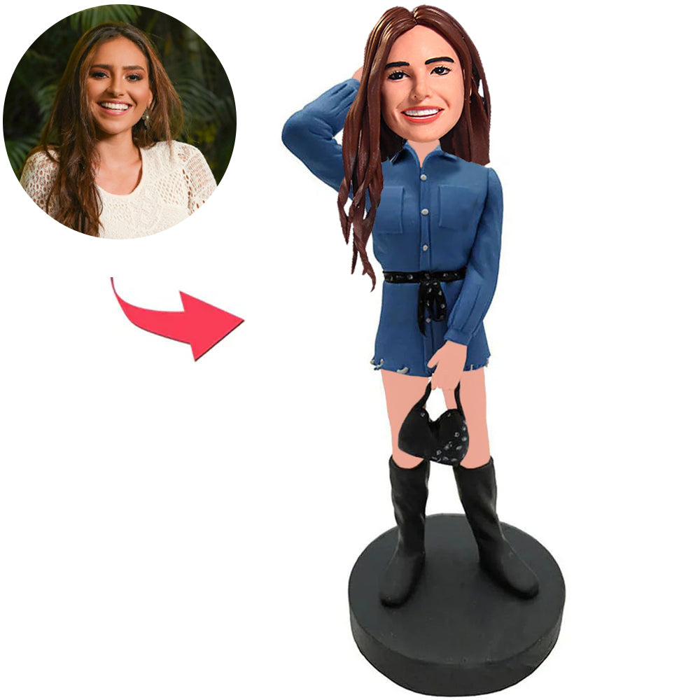 Woman in Blue Dress Holding Bag Custom Bobbleheads